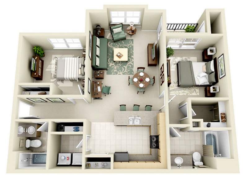 mẫu thiết kế chung cư 2 phòng ngủ 1